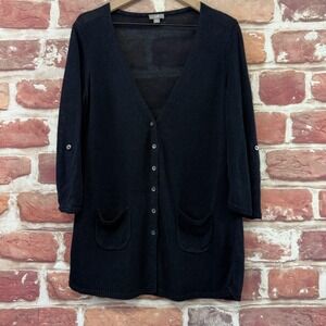J Jill Cardigan Sweater Women's M Black Linen Blend Pockets Longline Button Up